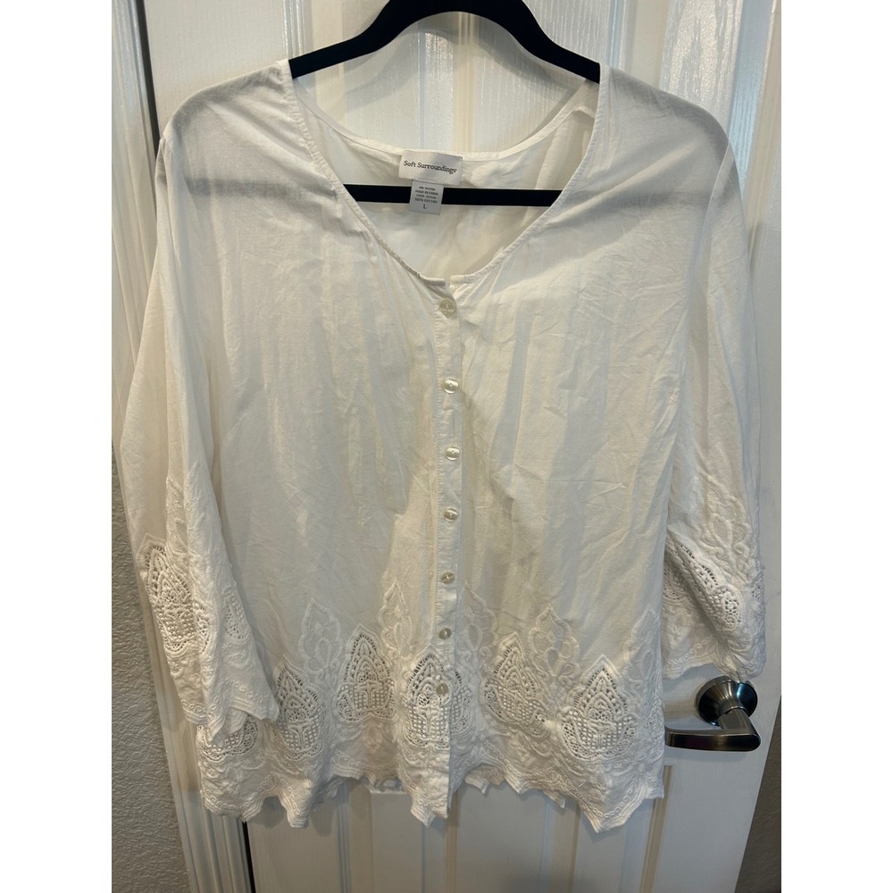 Soft Surroundings Blouse White Eyelet Lace Trim Cotton Boho Button Front Top L